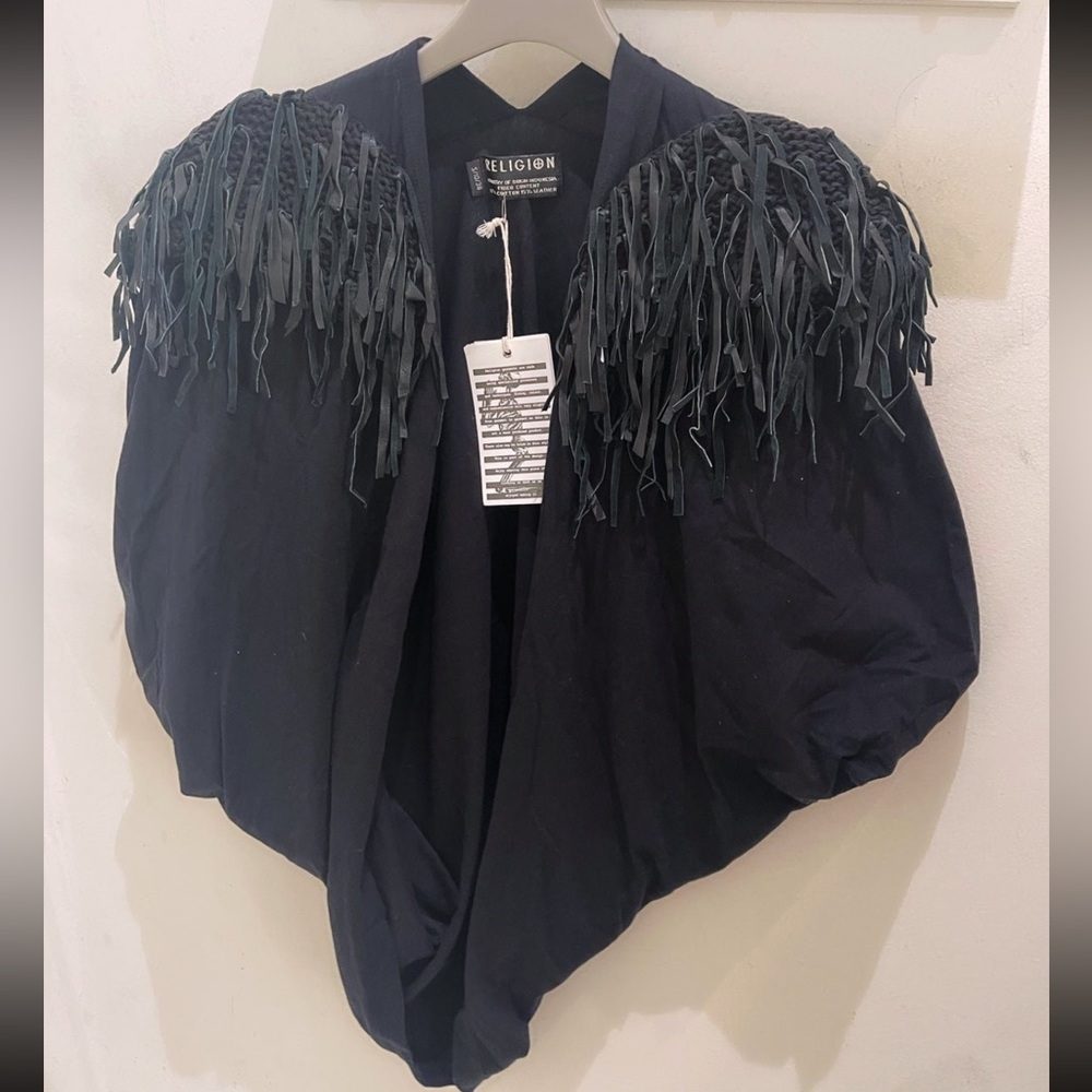 Religion Black Leather fringe crop jacket